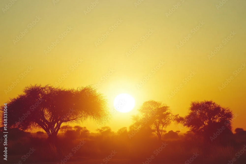 Obraz premium Vibrant African sunset time lapse showcasing a big sun and clear sky over the savanna landscape, African sunset time lapse with big sun and cloudless sky Cinematic