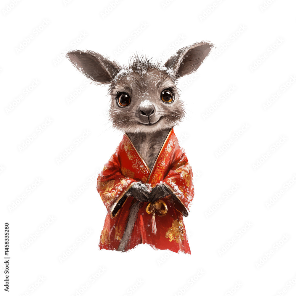 Adorable Kangaroo in Traditional Asian Kimono with Snow