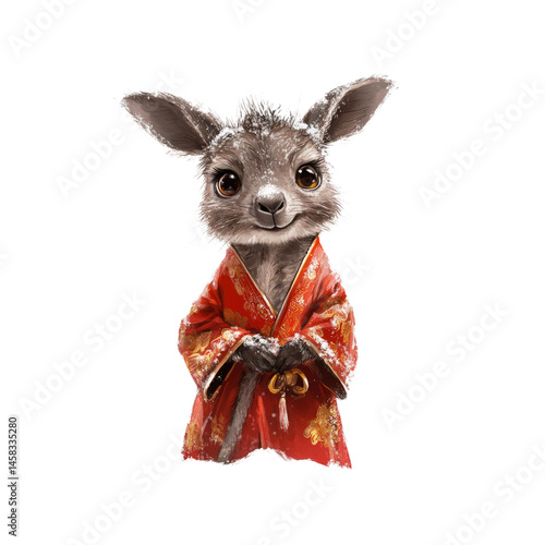 Obraz na płótnie Adorable Kangaroo in Traditional Asian Kimono with Snow w salonie