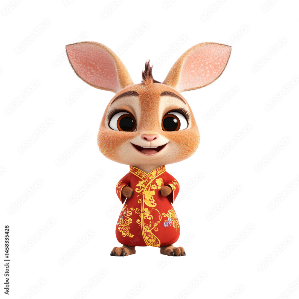 Adorable 3D Rendered Rabbit in Traditional Chinese Clothing, Lunar New Year Celebration