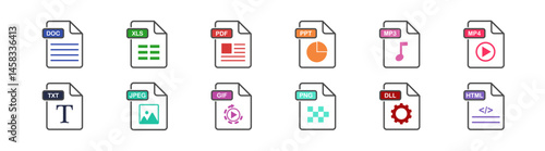 File format flat icon set. File format symbols set, document text, web format information, images, vector images. Vector illustration.