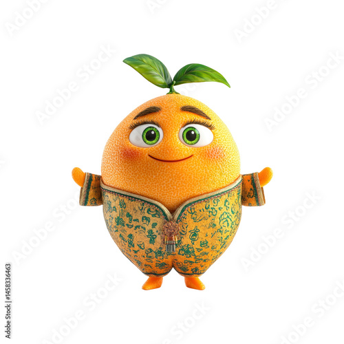 Obraz na płótnie Cheerful Cartoon Orange Character in Traditional Clothing w salonie