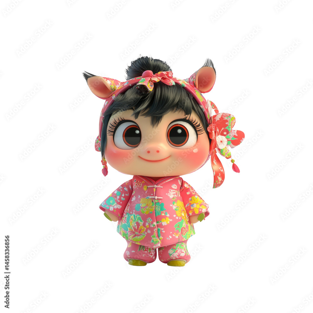 Adorable 3D Render of a Piglet in Traditional Chinese Clothing