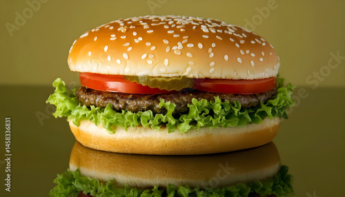 Delicious vegetarian burger on mirror surface against olive background
