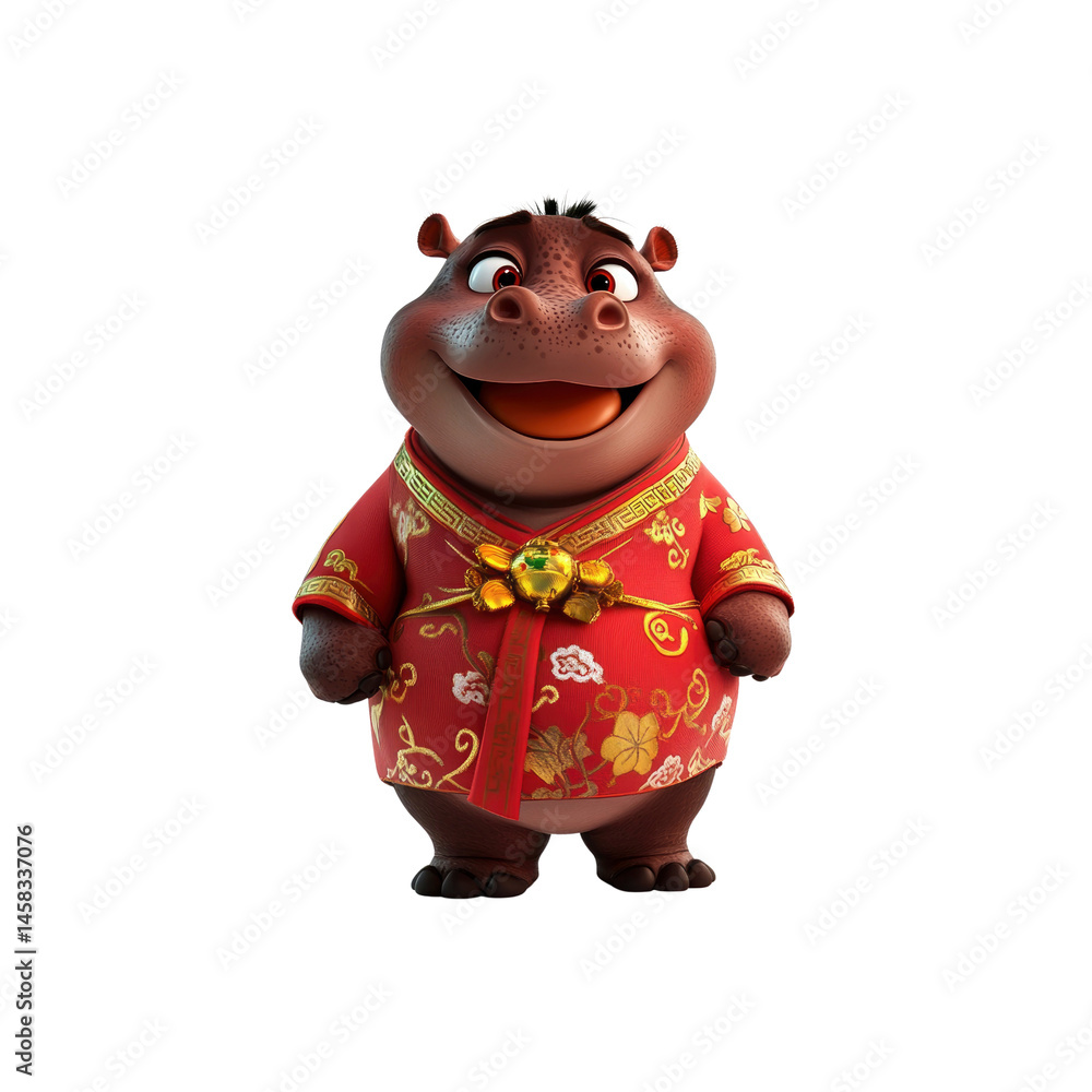 Cheerful Cartoon Hippopotamus in Traditional Chinese Clothing for Lunar New Year