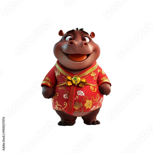 Obraz na płótnie Cheerful Cartoon Hippopotamus in Traditional Chinese Clothing for Lunar New Year w salonie