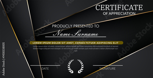 creative certificate of appreciation best award template with black golden list overlap background, Use for print, certificate, diploma, graduation eps10 vector template