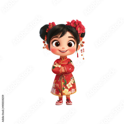 Adorable Animated Girl in Traditional Chinese Dress -  Happy Lunar New Year