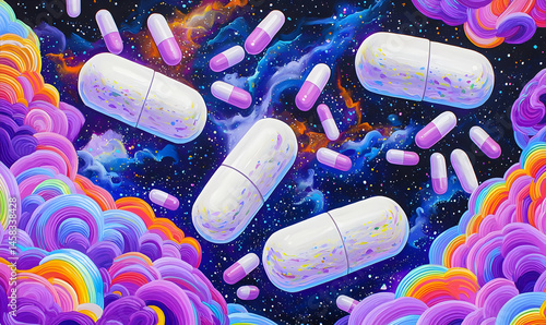 Wallpaper Mural Colorful Capsules Floating in Cosmic Clouds of Swirling Patterns Torontodigital.ca