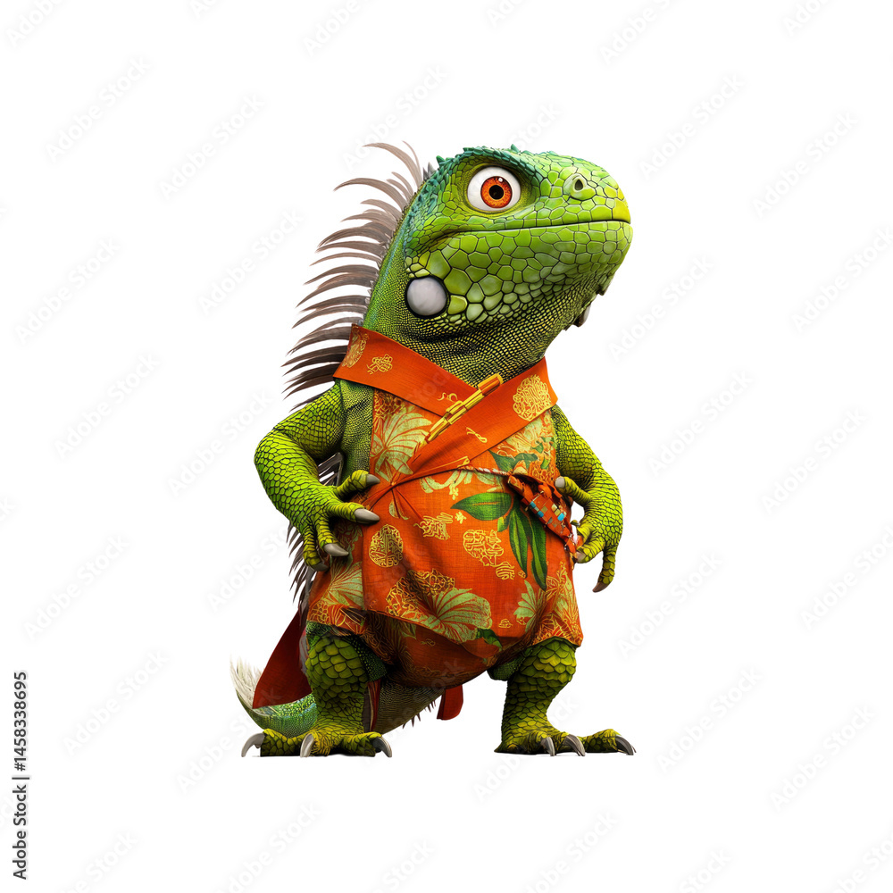 Dapper Iguana in Traditional Asian Clothing