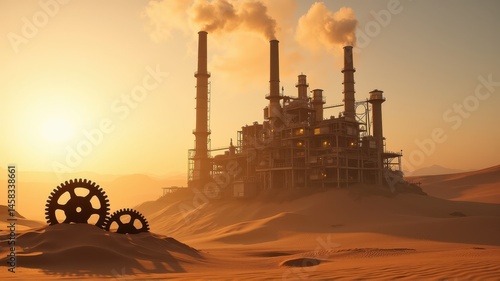 Industrial Power Plant in Wasteland Setting at Sunset Hour