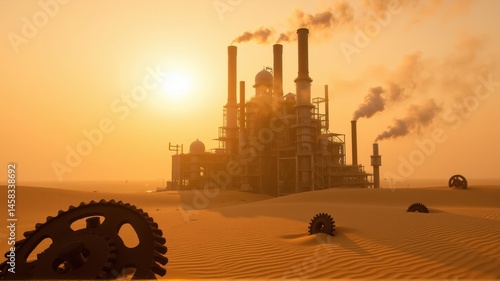 Wasteland Factory with Smoke Stacks and Machinery in Desert Sunset