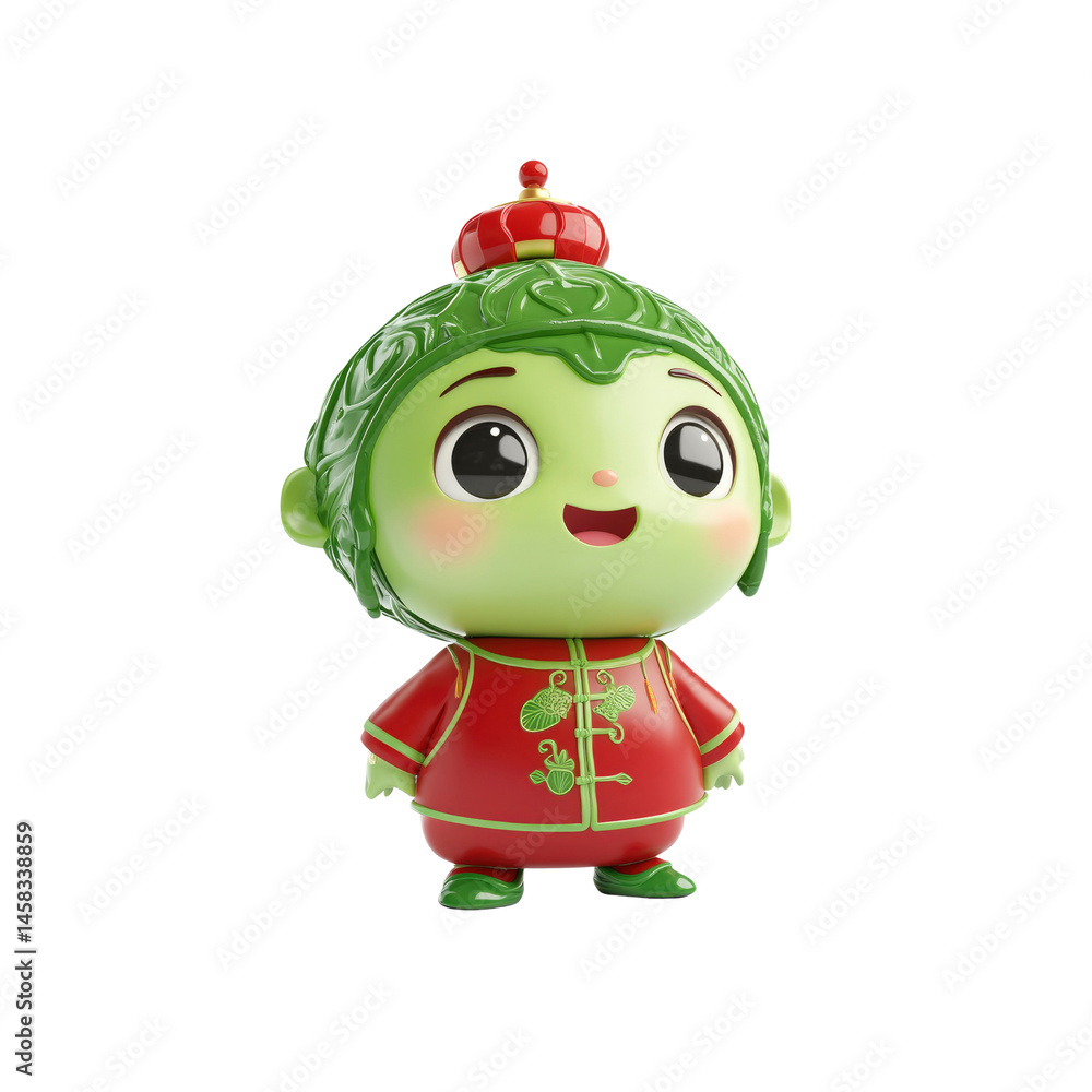 Adorable 3D Render of a Green Cartoon Character in Traditional Chinese Clothing