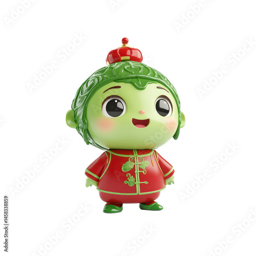 Obraz na płótnie Adorable 3D Render of a Green Cartoon Character in Traditional Chinese Clothing w salonie