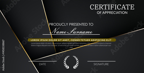 creative certificate of appreciation best award template with black golden list overlap background, Use for print, certificate, diploma, graduation eps10 vector template