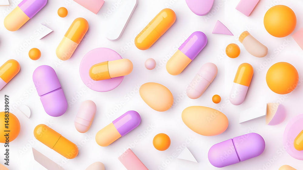 Colorful Arrangement of Capsules and Shapes on a Bright Background Colorful Arrangement of Capsules and Shapes on a Bright Background