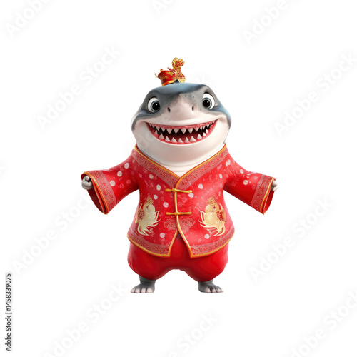Cheerful Cartoon Shark in Traditional Chinese Clothing for Lunar New Year