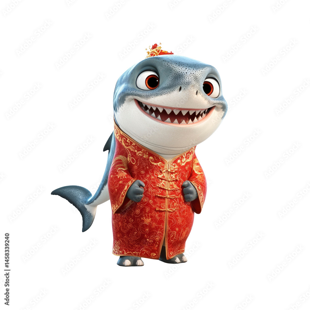 Adorable Cartoon Shark in Traditional Chinese Clothing
