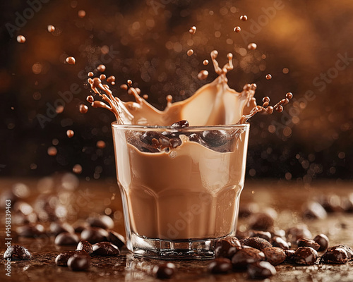 Splash of chocolate drink in a glass with beans