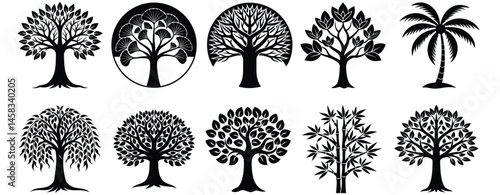 set of trees silhouettes icon