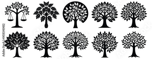 set of trees silhouette white background