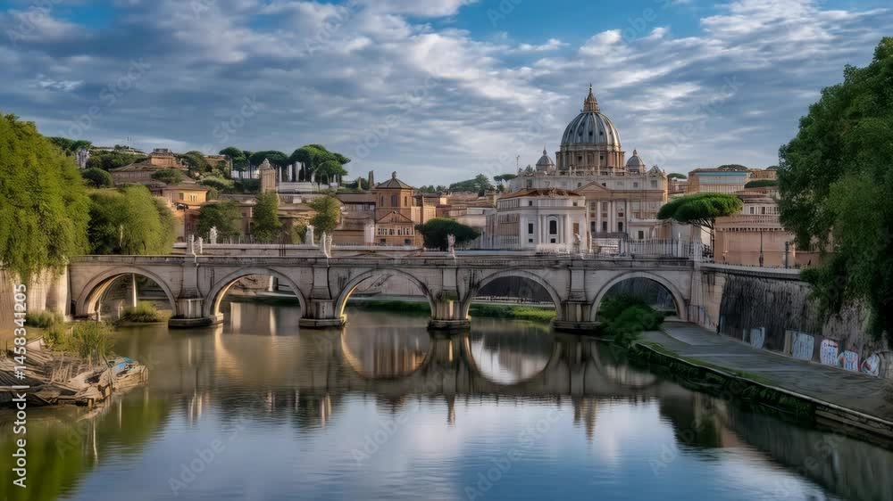 Picturesque view of arched bridge reflecting in water, leading to European city architecture and domed cathedral under cloudy skies Picturesque view of arched bridge reflecting in water, leading to European city architecture and domed cathedral under cloudy skies