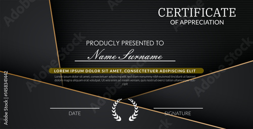 creative certificate of appreciation best award template with black golden list overlap background, Use for print, certificate, diploma, graduation eps10 vector template