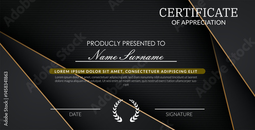 creative certificate of appreciation best award template with black golden list overlap background, Use for print, certificate, diploma, graduation eps10 vector template