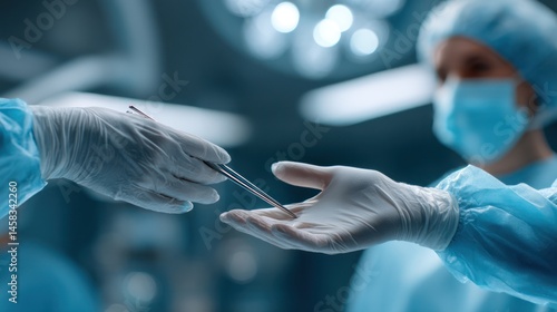Surgical team passing instrument in operating room.  Close-up of gloved hands exchanging a surgical tool.  Focus on the hands and instrument.  Sterile environment