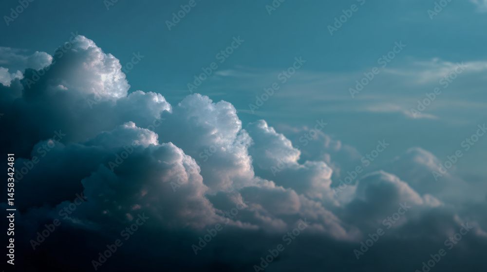Naklejka premium Fluffy white clouds drifting across a soft blue sky, with a patrician fog