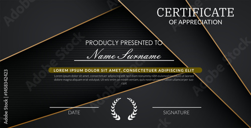 creative certificate of appreciation best award template with black golden list overlap background, Use for print, certificate, diploma, graduation eps10 vector template