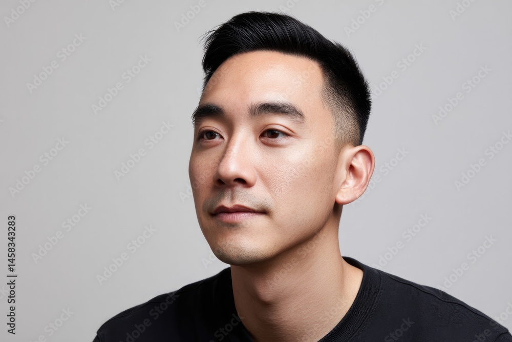 Fototapeta premium Thoughtful expression with clean hairstyle, minimalistic backgro