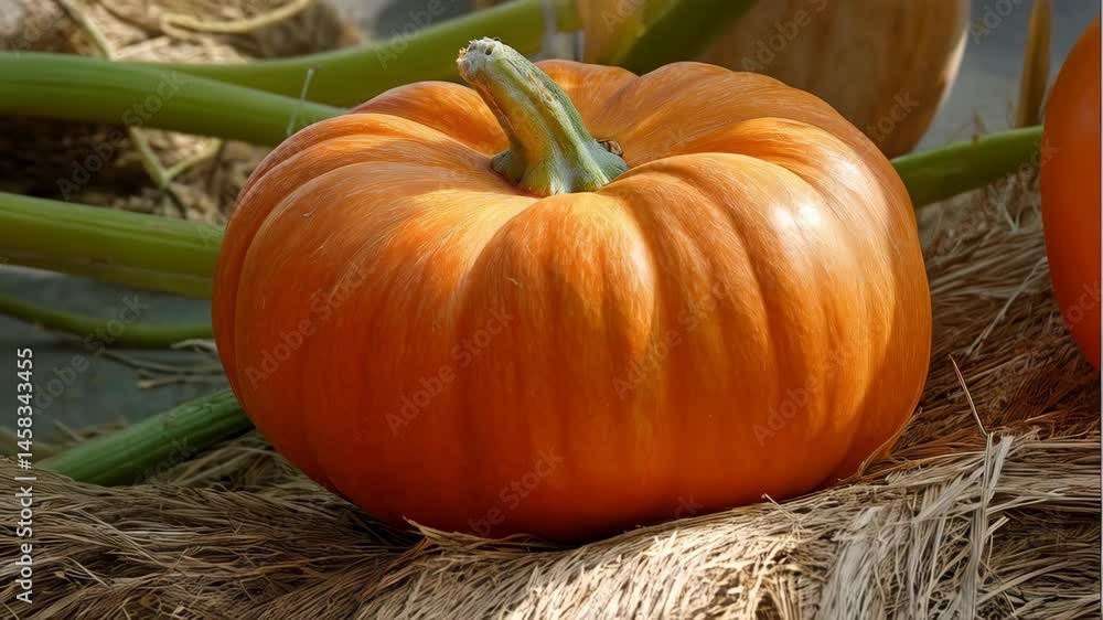 Bright orange pumpkin resting on dry straw, illuminated by soft sunlight, close-up shot showing the gourd's texture, stem, and vibrant color.