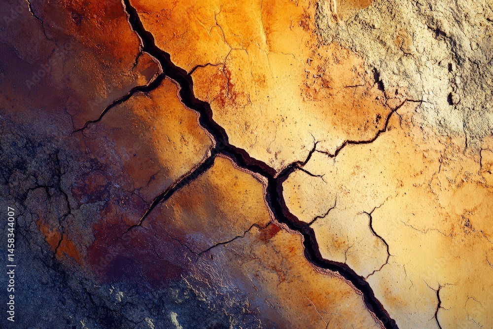 Naklejka premium Intricate fissures in a dried, colorful earth surface.