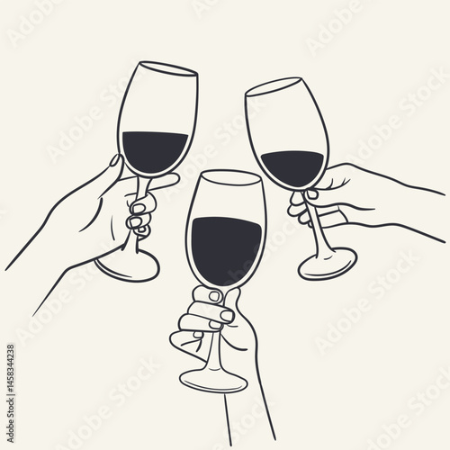 Female hand holding a glass of wine. Minimal linear fashion style.