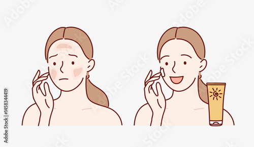 Woman applying sunscreen cream with SPF 50 on her face, skin protection from the sun. vector illustration