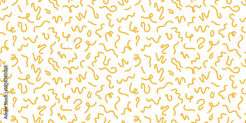 Pasta seamless pattern. Italian spaghetti background. Yellow japan ramen design. Chinese noodle texture. Doodle wavy line pattern. Hand drawn food bg. Vector illustration isolated on white background.