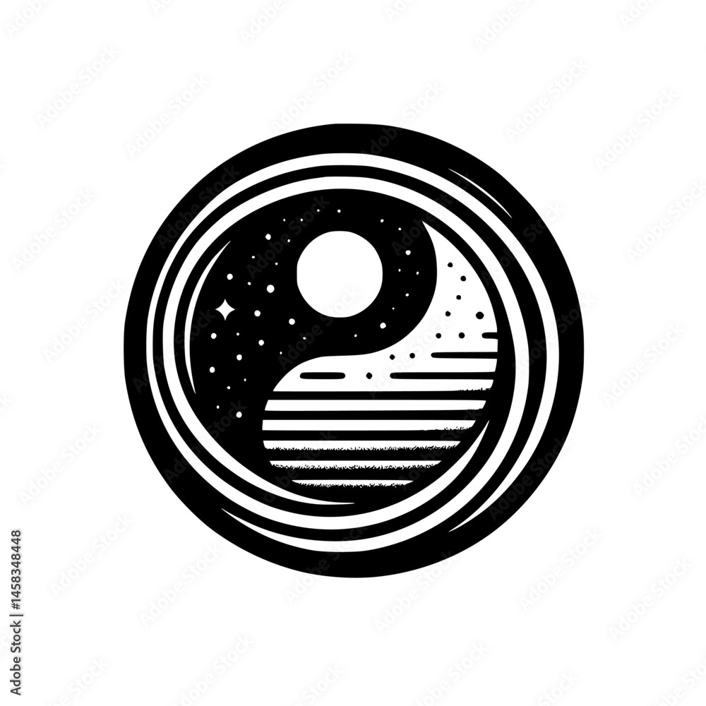 Obraz premium Yin Yang Symbol with Night & Day Elements - Black & White Vector
