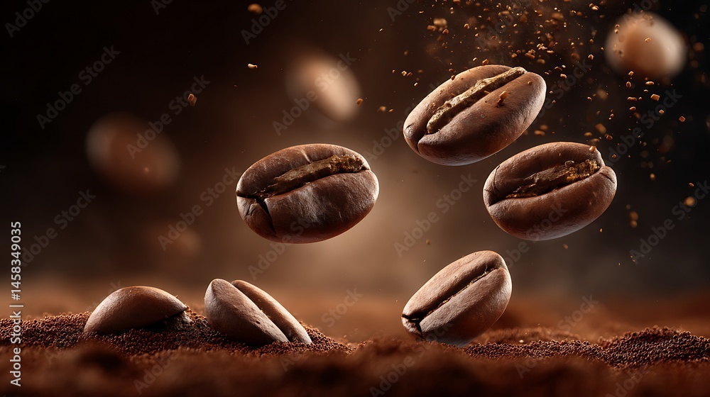 Coffee beans flying in the air with coffee powder dark brown background close-up low-angle shot hyperrealistic style Coffee beans flying in the air with coffee powder dark brown background close-up low-angle shot hyperrealistic style
