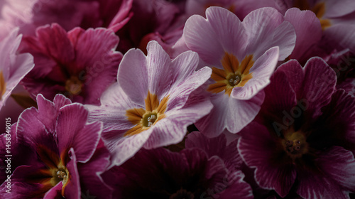 Fresh fountain primula flowers in pink and mauve, perfect for capturing the season’s tone