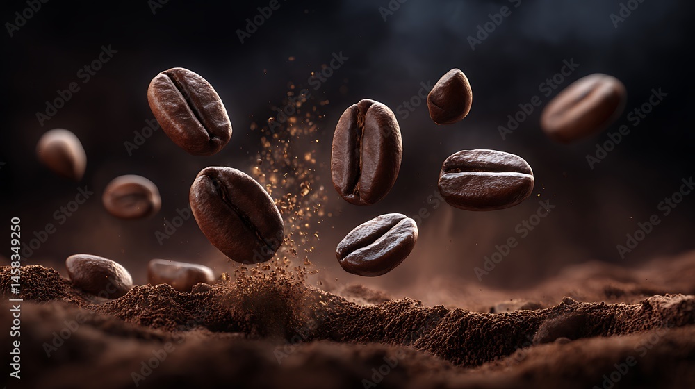 Coffee beans flying in the air with coffee powder dark brown background close-up low-angle shot hyperrealistic photography Coffee beans flying in the air with coffee powder dark brown background close-up low-angle shot hyperrealistic photography