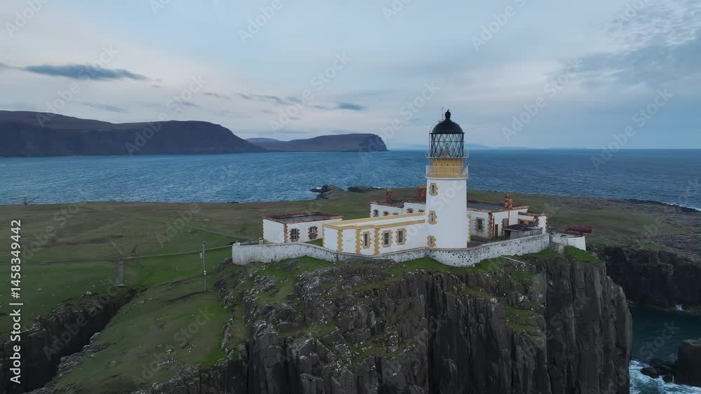 Neist Point Lighthouse from a drone, Isle of Skye, Scotland, England Neist Point Lighthouse from a drone, Isle of Skye, Scotland, England