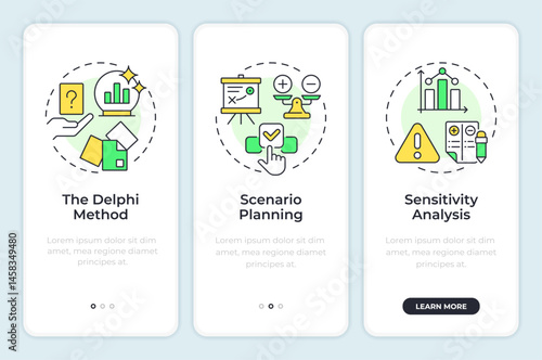 Workforce forecasting methods onboarding mobile app screen. HR analytics. Walkthrough 3 steps editable graphic instructions with linear concepts. UI, UX, GUI. Montserrat SemiBold, Regular fonts used