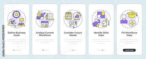 Workforce forecasting onboarding mobile app screen. HR strategy. Walkthrough 5 steps editable graphic instructions with linear concepts. UI, UX, GUI. Montserrat SemiBold, Regular fonts used