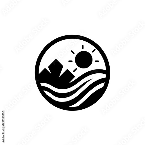Minimalist Nature Logo: Mountains, Sun, and Waves in a Circle