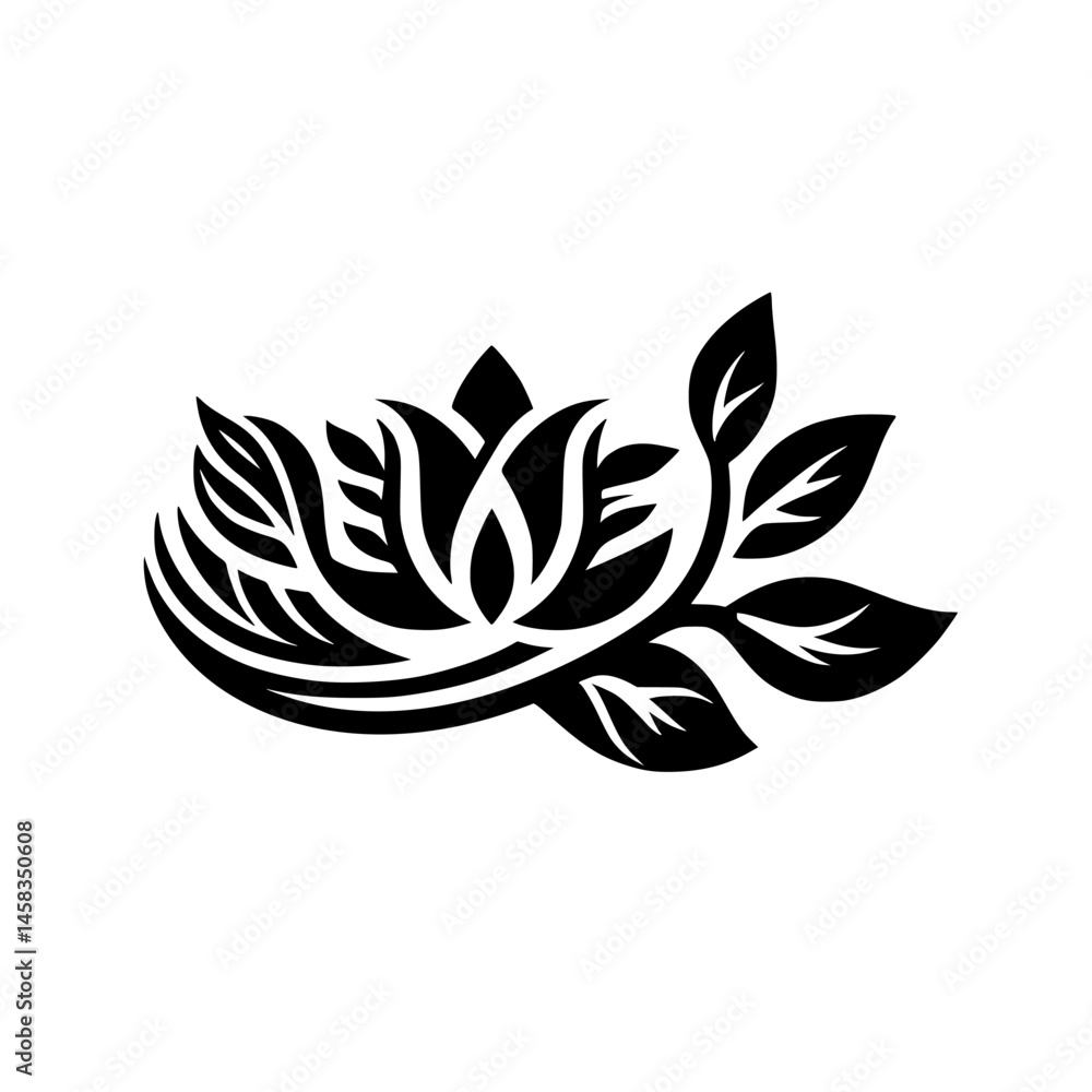 Fototapeta premium Minimalist Floral Vector Design: Black and White Leaves and Blossoms