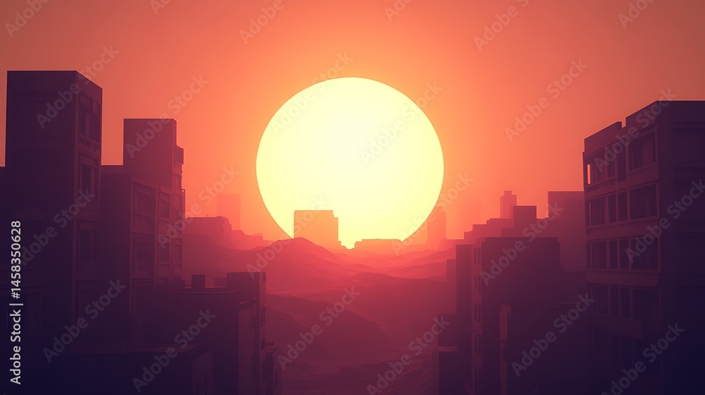 Naklejka premium Dramatic Sunset over Silhouetted Cityscape Buildings at Dusk Orange Sky and Large Sun
