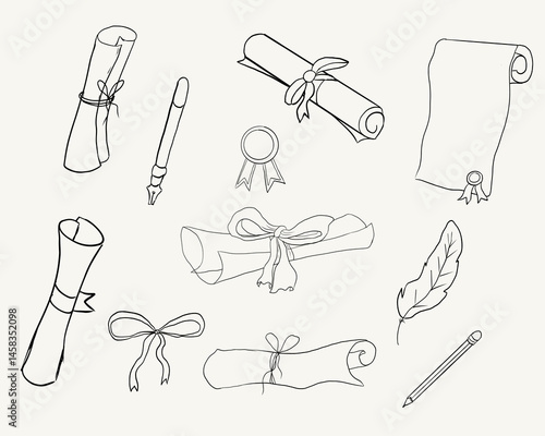 Graduation paper roll, diploma certificate doodle line. University document of graduate and degree hand drawn outline. Graduation hats sketch 