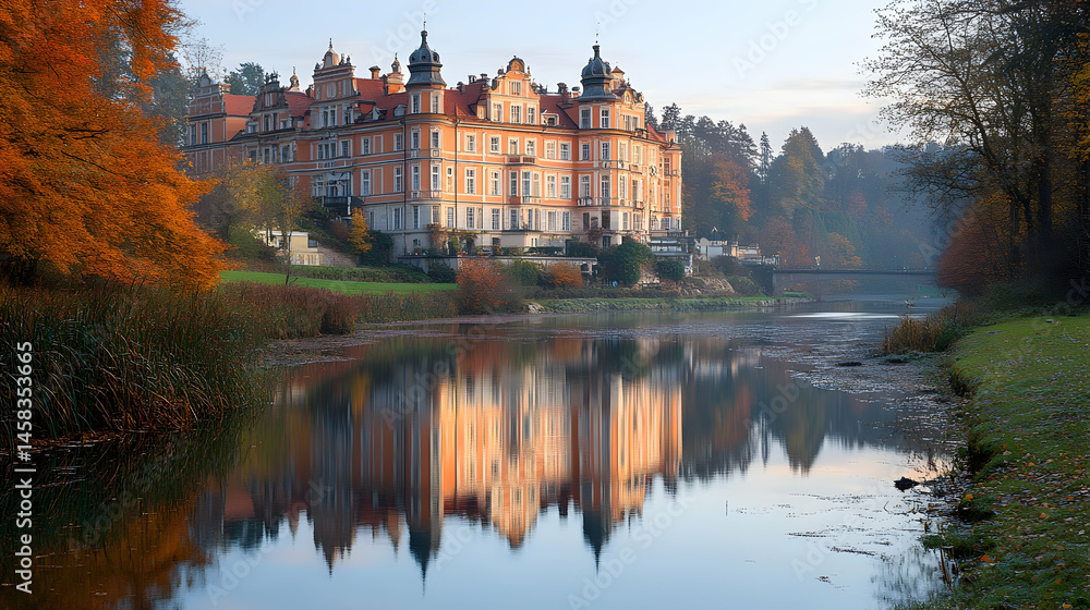 Naklejka premium Majestic castle reflected in calm autumnal waters, surrounded by lush greenery