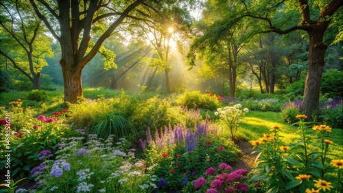 Wallpaper Mural Soft morning light filters through lush green foliage and vibrant wildflowers in a tranquil garden setting amidst gentle tree branches, leafy greens, forest landscape Torontodigital.ca